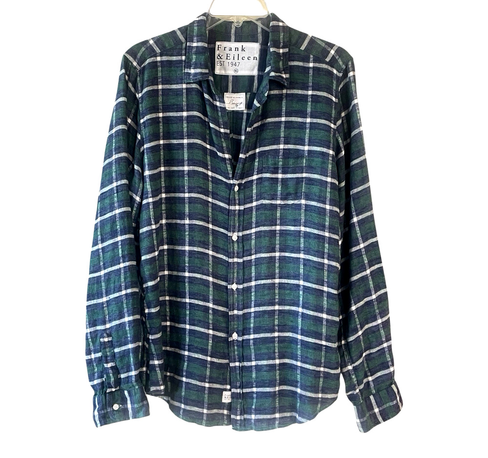 FRANK & EILEEN Size XL Barry Blue/Green Plaid Linen Button-Up Long Sleeve Shirt